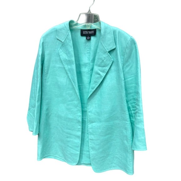 Linda Allard Ellen Tracy Linen Turquoise Blue Heavy Linen Open Blazer - Picture 7 of 7